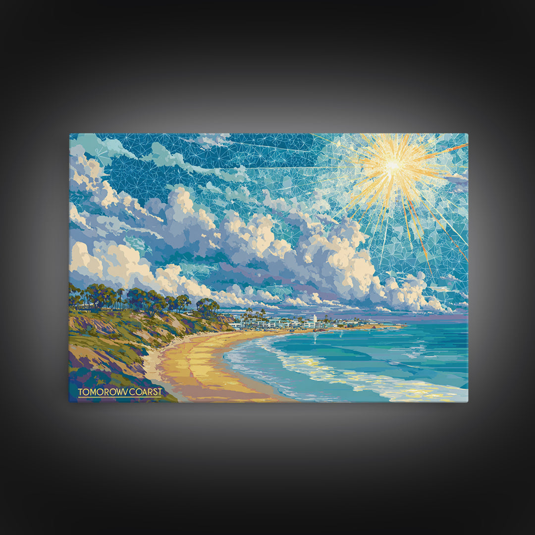 Sunny California Coast Beach Wall Art, Ocean Landscape Poster, Blue Modern Home Decor, Travel Inspired Framed Canvas Print