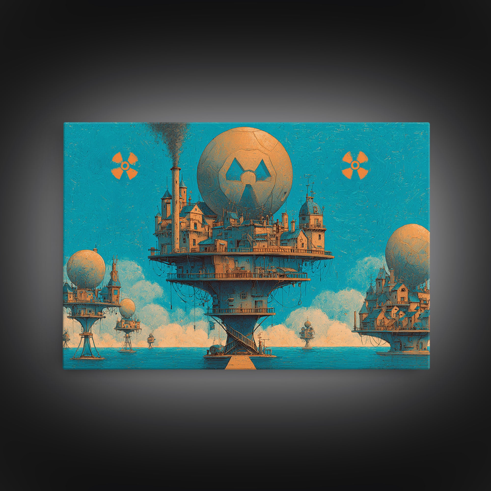 Floating Nuclear City Wall Art, Retro Sci Fi Poster, Industrial Dystopian Decor, Teal Orange Canvas Print, Statement Art