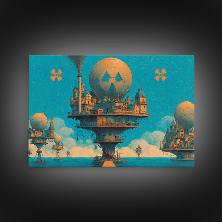 Floating Nuclear City Wall Art, Retro Sci Fi Poster, Industrial Dystopian Decor, Teal Orange Canvas Print, Statement Art