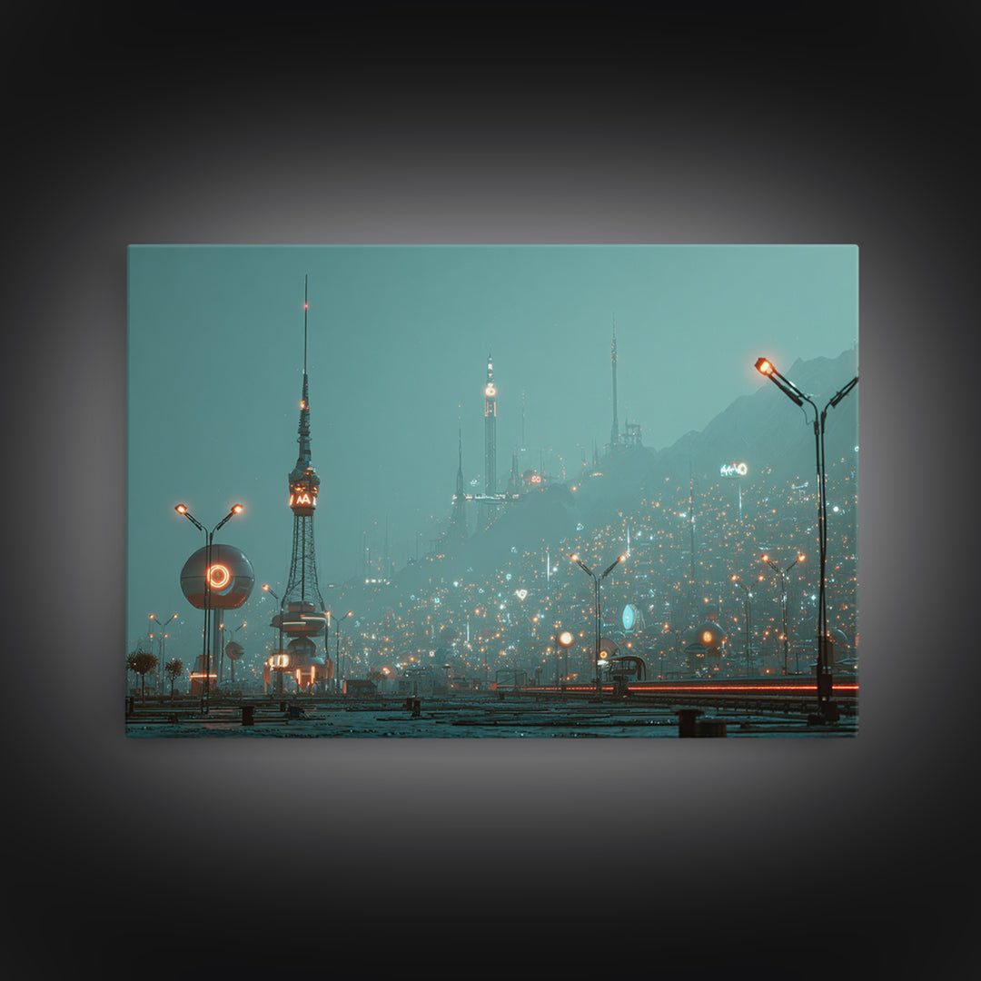 Foggy Futuristic Teal City Towers Wall Art, Midcentury Modern Sci Fi Skyline, Retro Urban Poster, MCM Office Decor, Modern Wall Decor