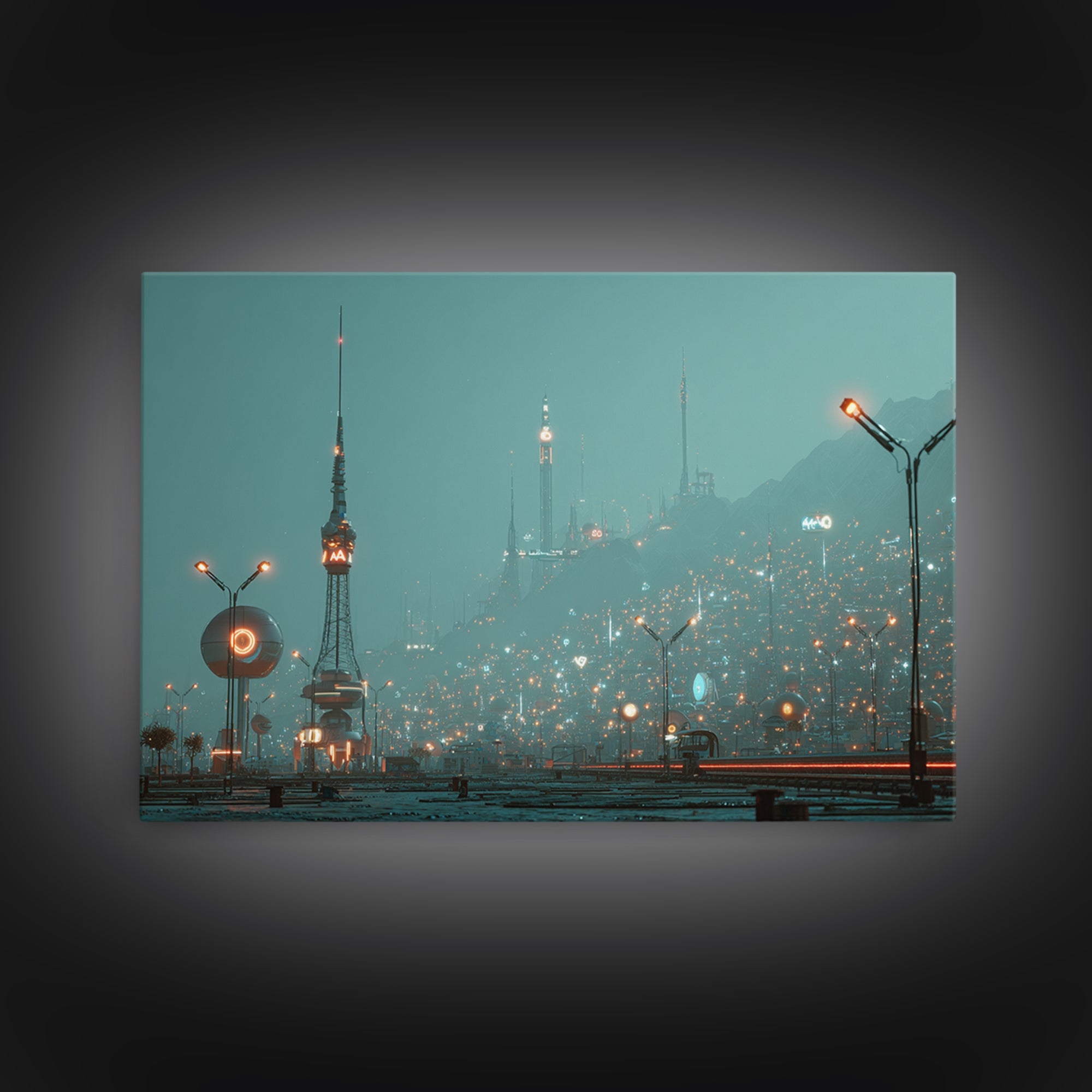 Foggy Futuristic Teal City Towers Wall Art, Midcentury Modern Sci Fi Skyline, Retro Urban Poster, MCM Office Decor, Modern Wall Decor