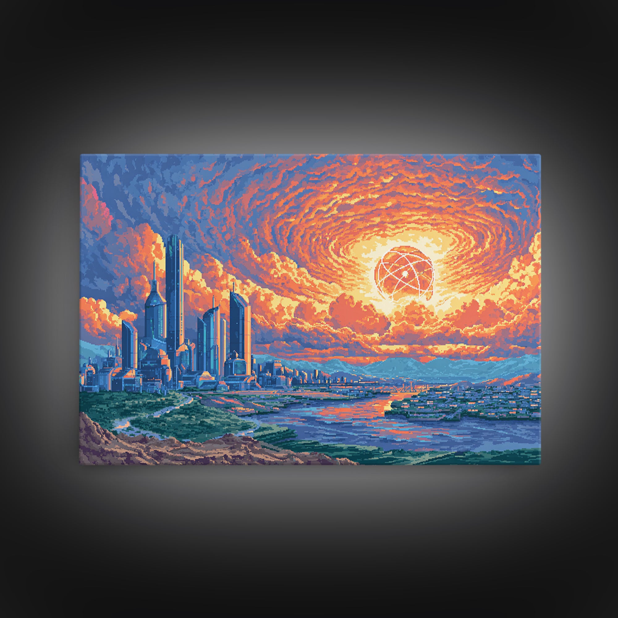 Atomic Sunset Futuristic City Canvas Print, Midcentury Modern Wall Art, Retro Sci Fi Skyline Poster, Colorful MCM Decor