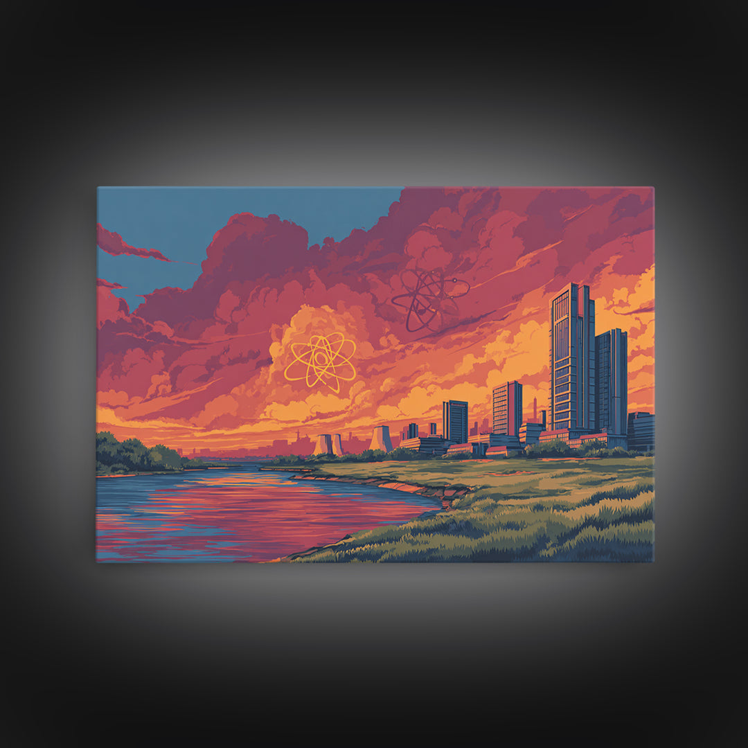 Red Cloud Atomic Waterfront Skyline Wall Art, Midcentury Modern Canvas Print, Retro Sci Fi Sunset Poster, Colorful Home Decor