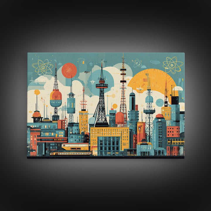 Retro Radio Tower City Collage Wall Art, Midcentury Modern Print, Atomic Skyline Poster, Geometric Urban Home Decor, MCM Office Decor