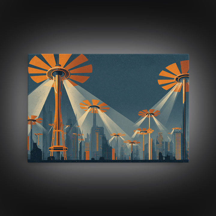 UFO Searchlight Future City Wall Art, Midcentury Modern Sci Fi Poster, Retro Space Needle Skyline, Orange MCM Decor, Modern Wall Decor