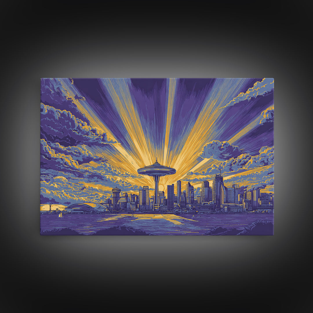 Seattle Space Needle Sunburst Wall Art, Midcentury Modern Canvas Print, Retro Skyline Poster, Purple Yellow MCM Home Decor