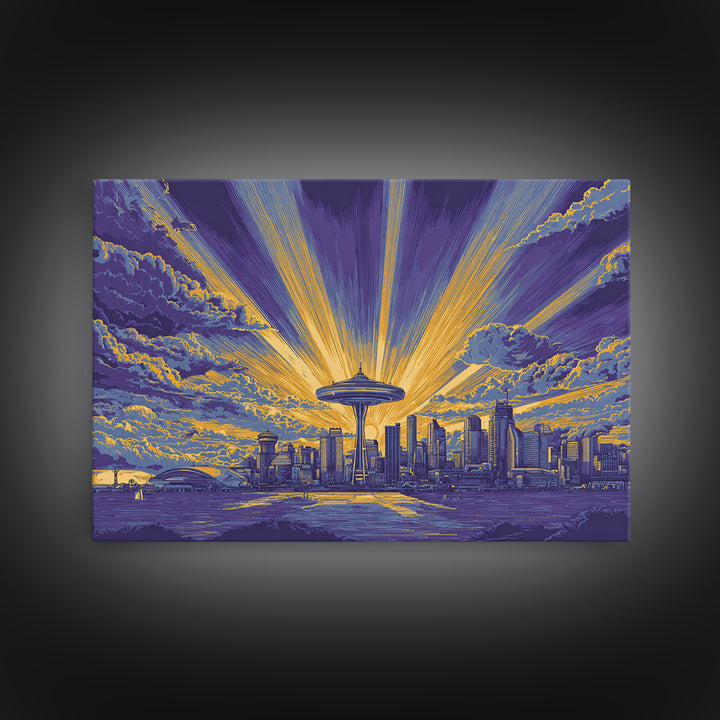Seattle Space Needle Sunburst Wall Art, Midcentury Modern Canvas Print, Retro Skyline Poster, Purple Yellow MCM Home Decor