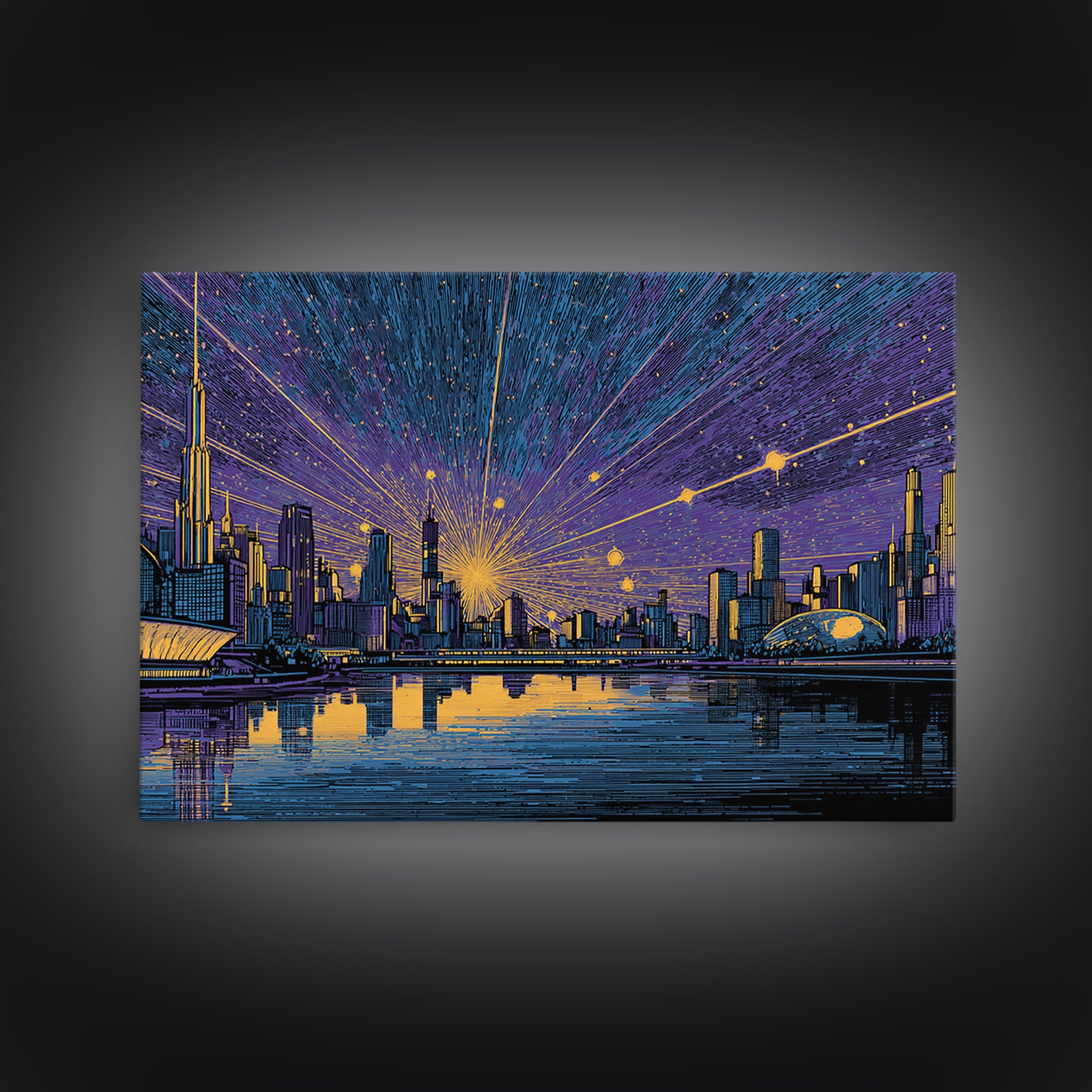 Futuristic Skyline Meteor Shower Wall Art, Midcentury Modern Sci Fi City Poster, Blue Gold Urban Decor, MCM Office Print