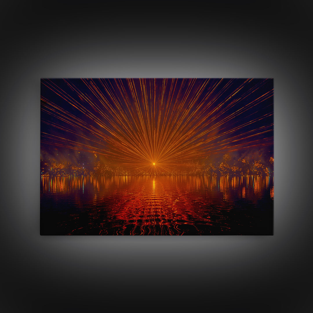 Orange Laser Sunset Over Water Wall Art, Modern Abstract Sci Fi Landscape, Retro Futuristic Poster, Large MCM Office Decor