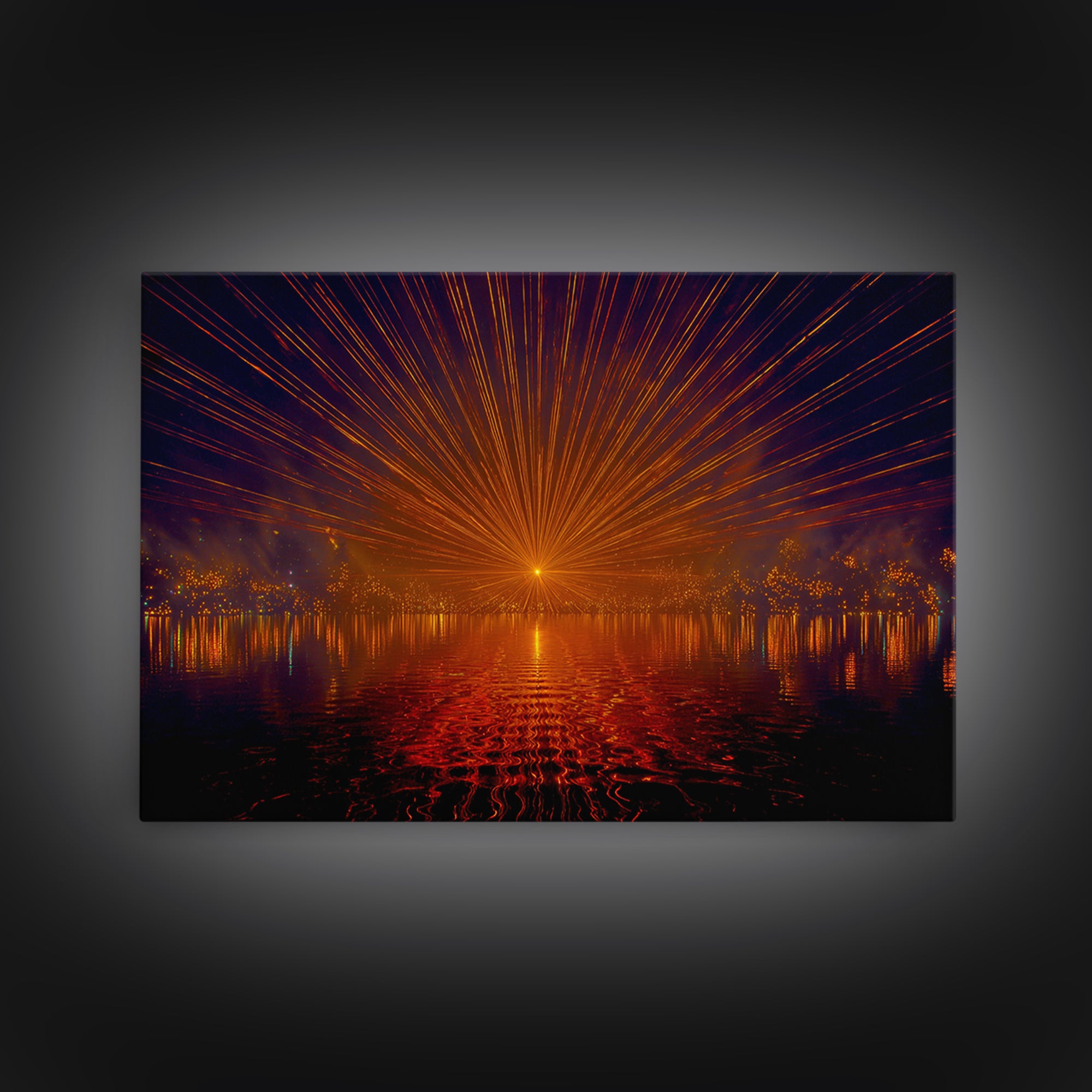 Orange Laser Sunset Over Water Wall Art, Modern Abstract Sci Fi Landscape, Retro Futuristic Poster, Large MCM Office Decor