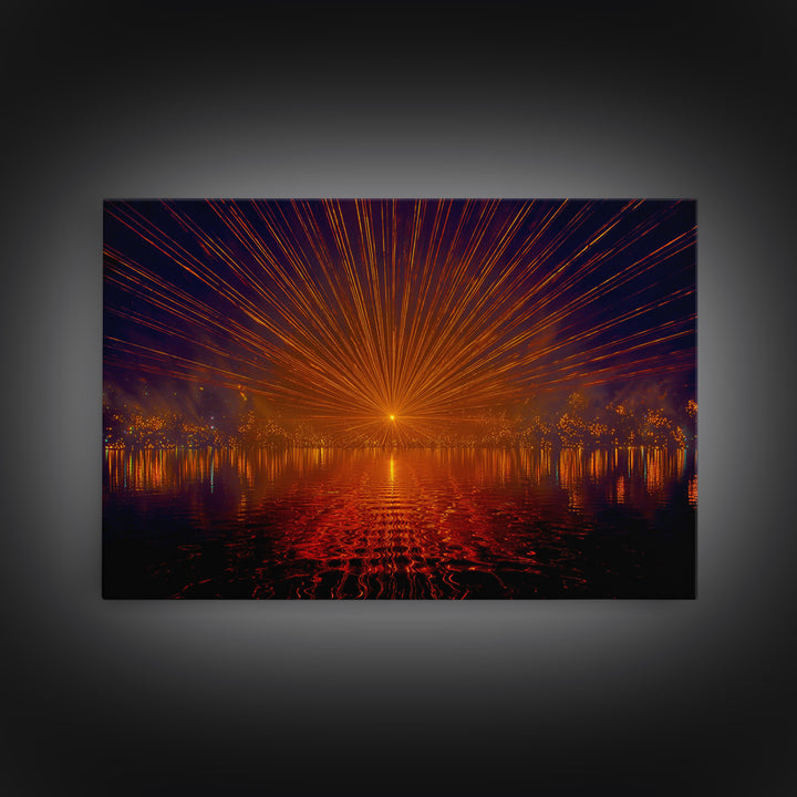 Orange Laser Sunset Over Water Wall Art, Modern Abstract Sci Fi Landscape, Retro Futuristic Poster, Large MCM Office Decor