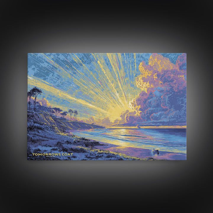 Radiant Coastal Sunset With Palm Trees Wall Art, Ocean Sunrise Landscape, Blue Yellow Beach Decor, Scenic Framed Canvas Print
