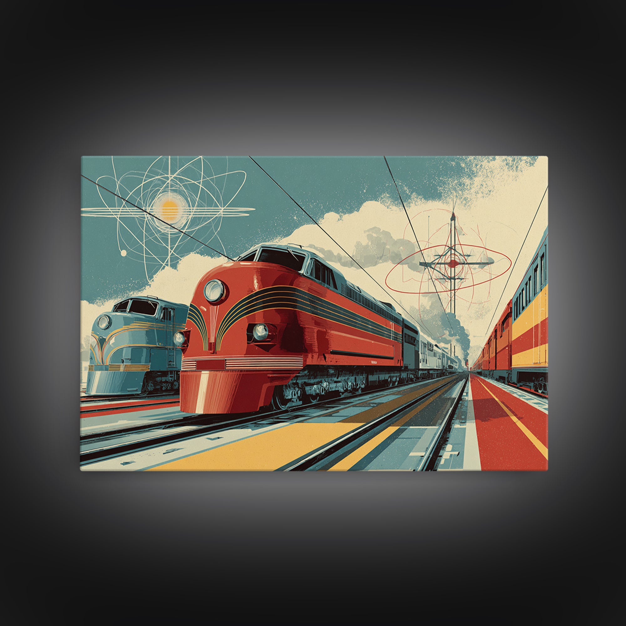 Red Streamliner Train Station Wall Art, Retro Futurism Poster, Mid Century Modern Decor, Atomic Railroad Print, Office Wall Decor