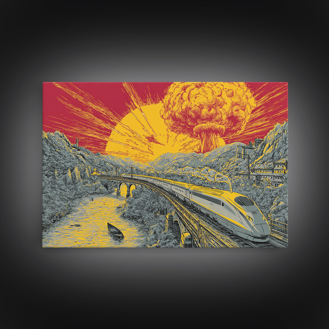Nuclear Bullet Train Landscape Canvas Print, Apocalyptic Retro Poster, Sci Fi Wall Decor, Dramatic Yellow Art, Modern Wall Art