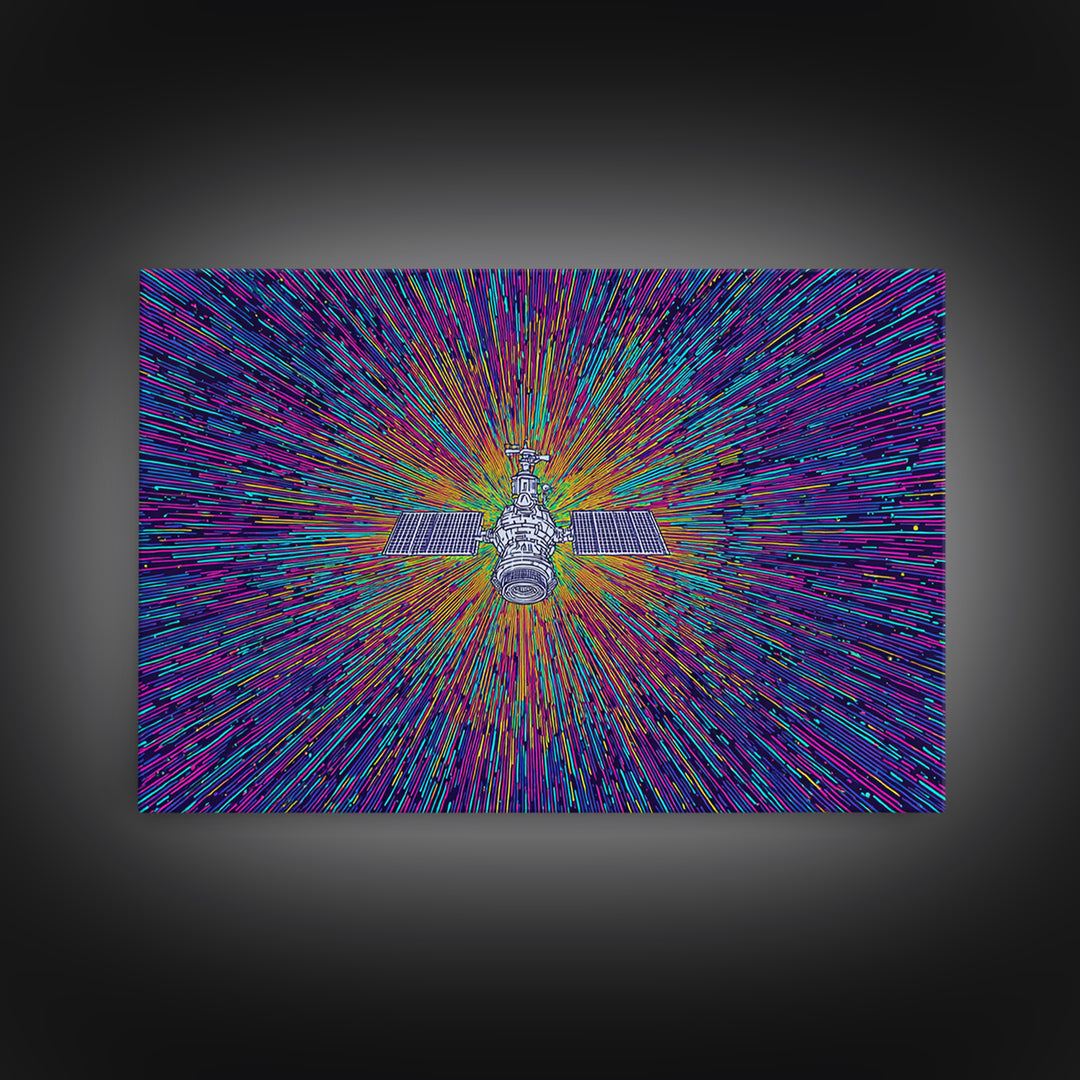 Warp Speed Satellite Explosion Wall Art, Colorful Space Abstract Poster, Sci Fi Retro Print, Modern Digital Art, Office Decor