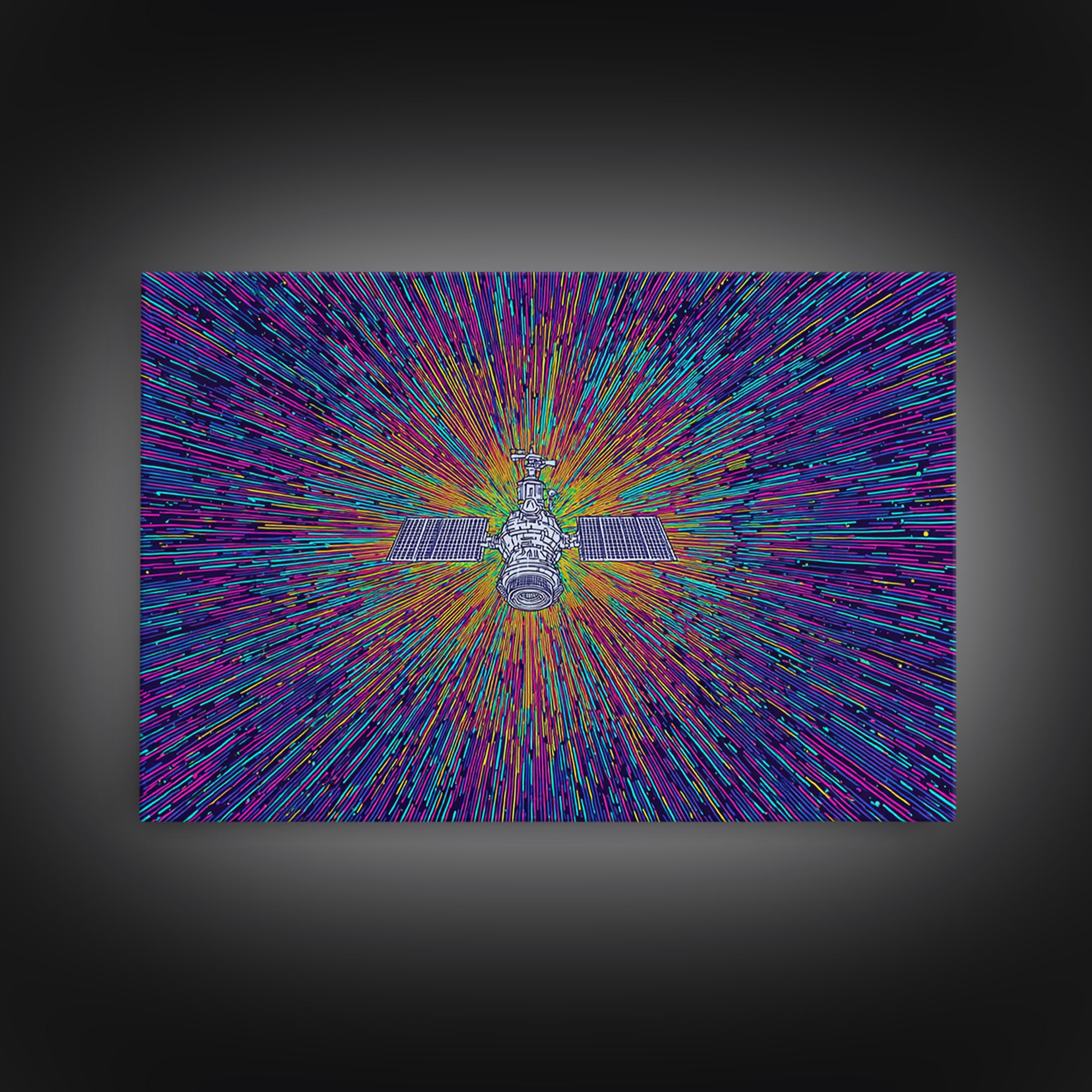 Warp Speed Satellite Explosion Wall Art, Colorful Space Abstract Poster, Sci Fi Retro Print, Modern Digital Art, Office Decor