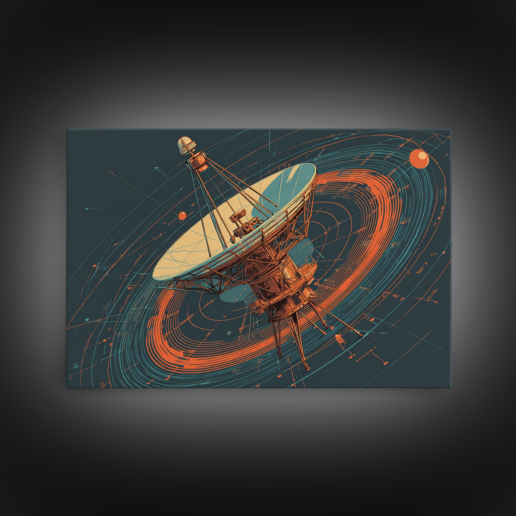 Deep Space Radio Telescope Canvas Print, Teal Orange Retro Futurism Poster, Orbital Lines Art, Midcentury Modern Wall Decor
