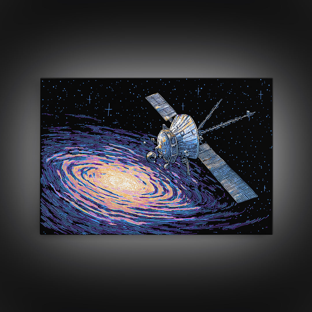 Galaxy Probe Over Vortex Framed Canvas Print, Starry Sci Fi Poster, Retro Space Abstract Art, Blue Wall Decor For Office
