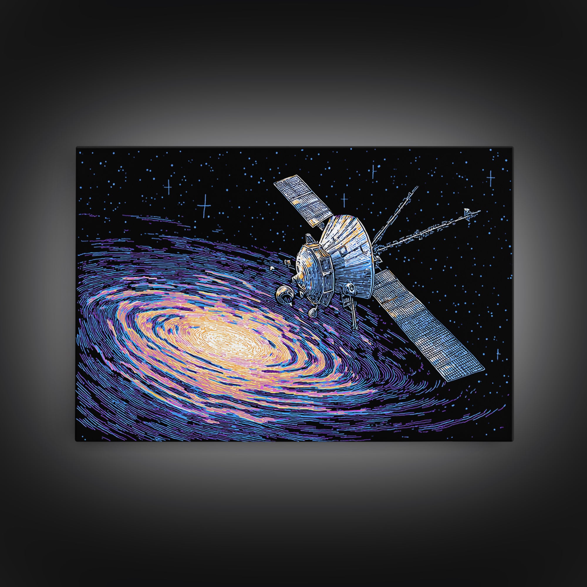 Galaxy Probe Over Vortex Framed Canvas Print, Starry Sci Fi Poster, Retro Space Abstract Art, Blue Wall Decor For Office