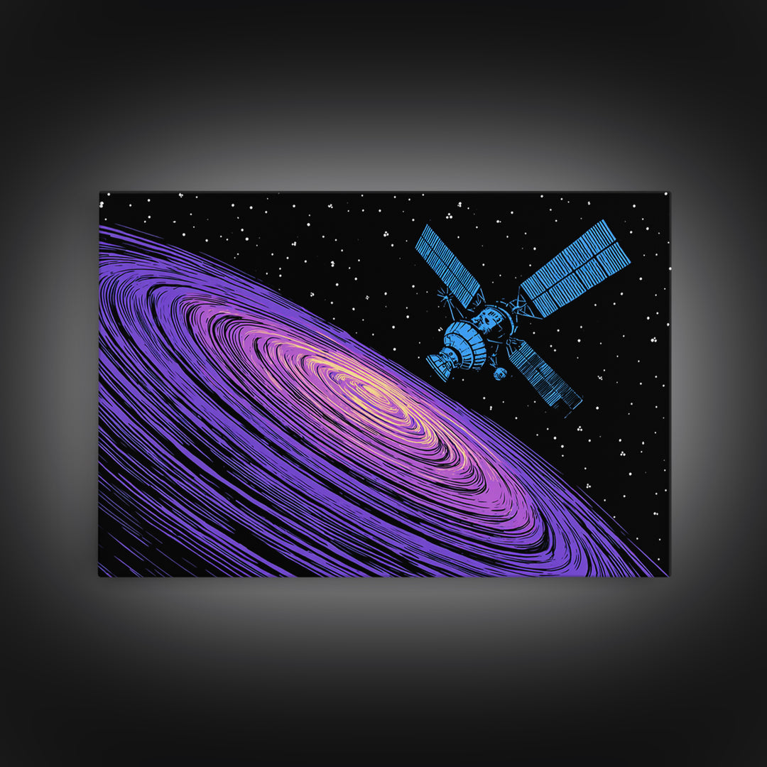 Purple Galaxy Satellite Canvas Print, Retro Sci Fi Space Poster, Cosmic Abstract Art, Blue Black Wall Decor, Modern Art Print