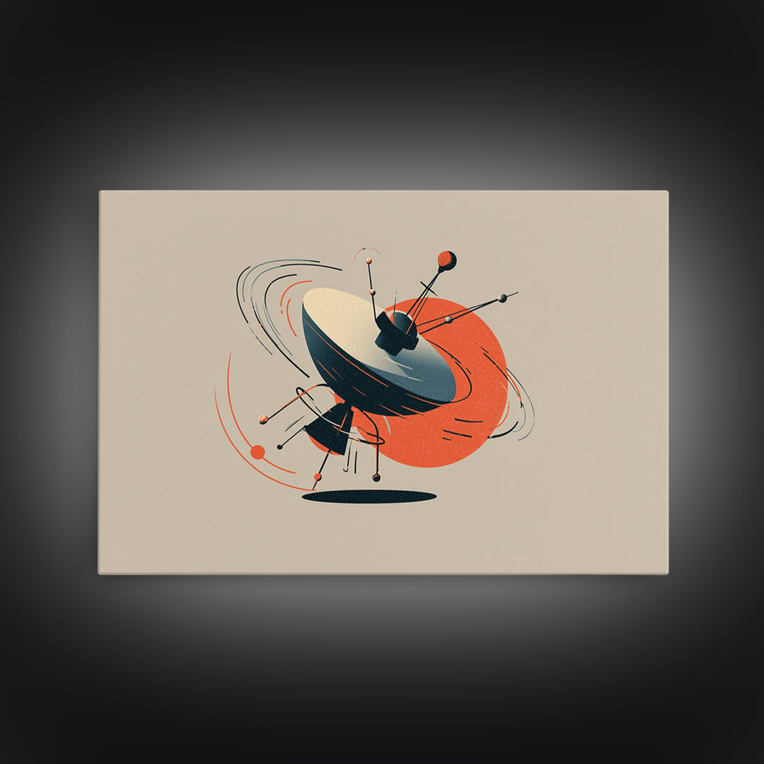 Atomic Sputnik Satellite Sculpture Wall Art, Mid Century Modern Poster, Orange Beige Retro Print, Geometric Space Home Decor
