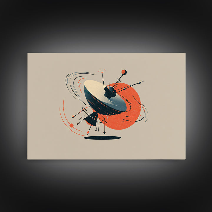 Atomic Sputnik Satellite Sculpture Wall Art, Mid Century Modern Poster, Orange Beige Retro Print, Geometric Space Home Decor