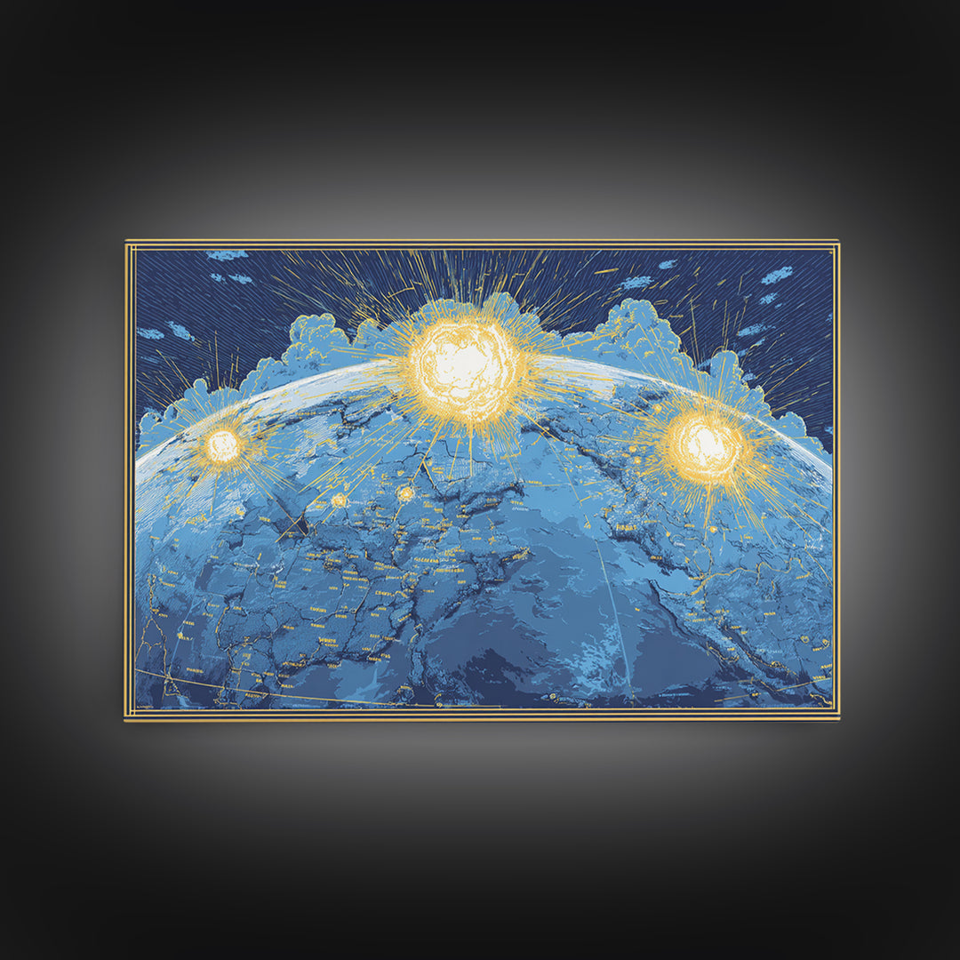 Illuminated Blue Earth Map With Three Suns Wall Art, Celestial Modern Artwork, Space Poster Decor, Global Framed Canvas Print