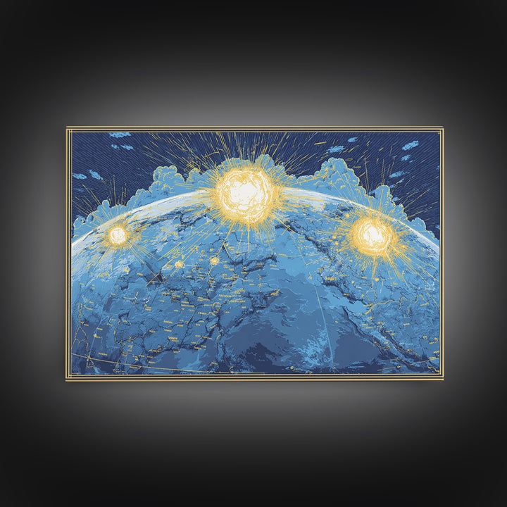 Illuminated Blue Earth Map With Three Suns Wall Art, Celestial Modern Artwork, Space Poster Decor, Global Framed Canvas Print