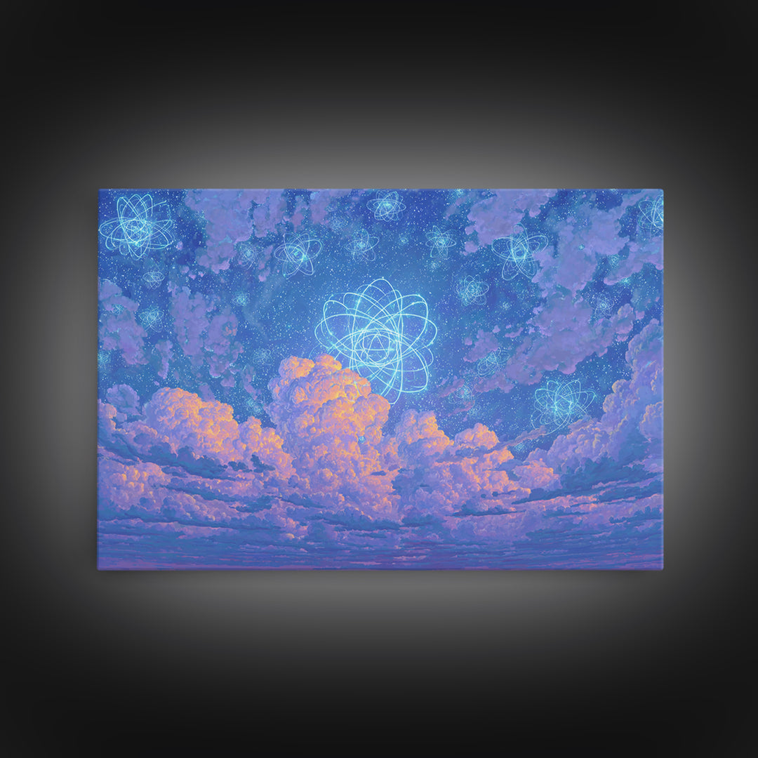 Dreamy Atomic Cloud Sky Wall Art, Pastel Space Poster, Celestial Midcentury Modern Decor, Blue Nursery Office Canvas Print