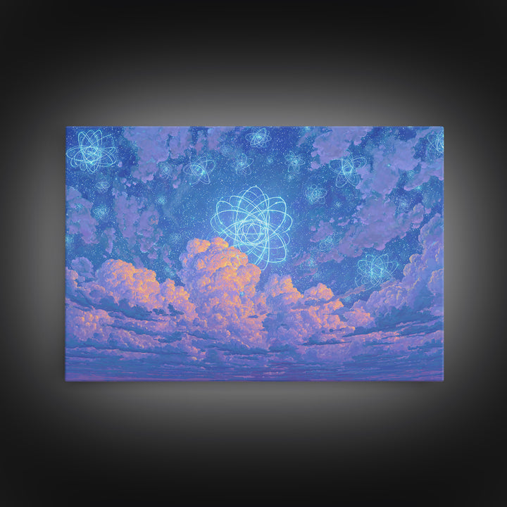 Dreamy Atomic Cloud Sky Wall Art, Pastel Space Poster, Celestial Midcentury Modern Decor, Blue Nursery Office Canvas Print