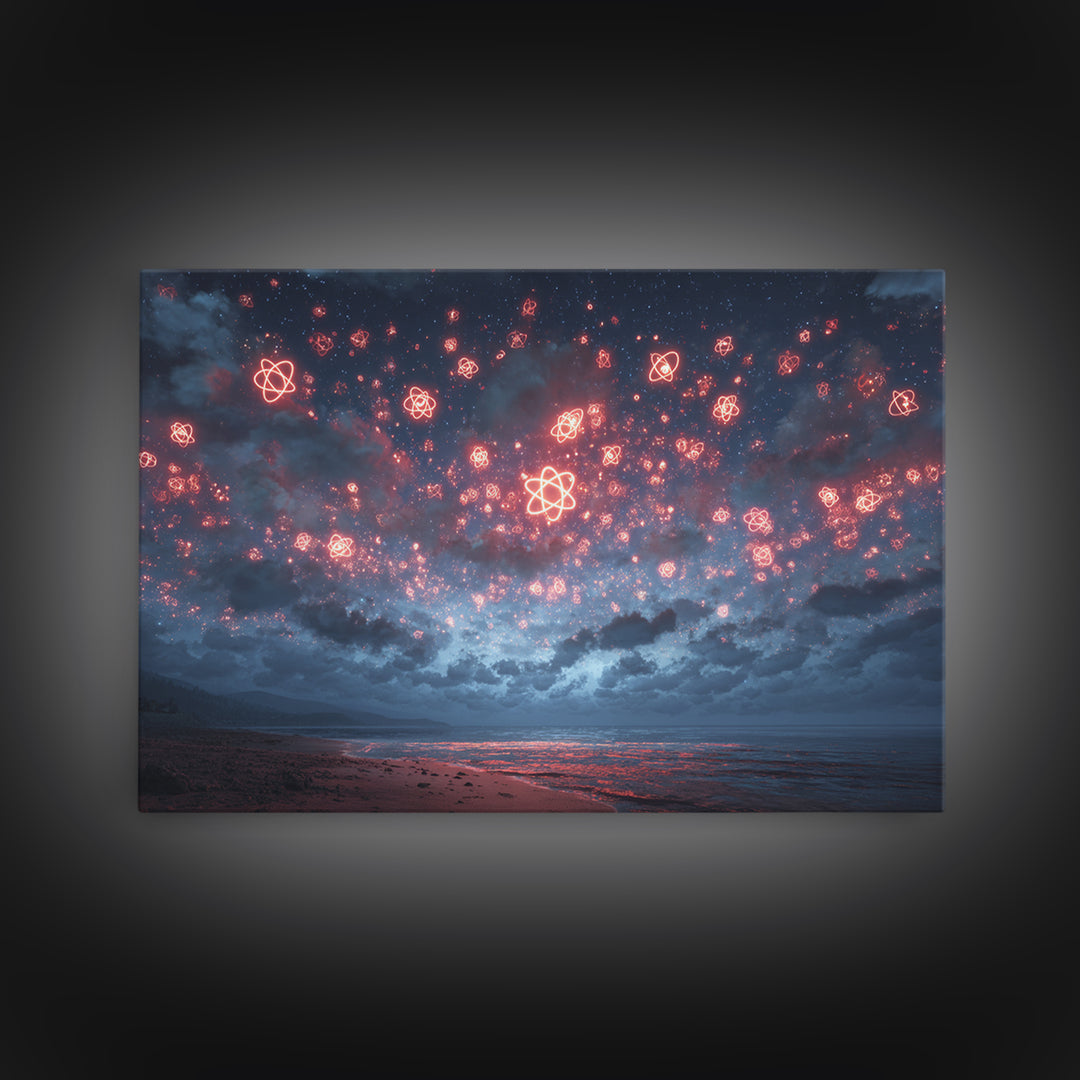 Red Atomic Night Sky Over Stormy Ocean Wall Art, Sci Fi Retro Art Print, Cosmic Retro Art, Space Abstract Art, Modern Wall Decor