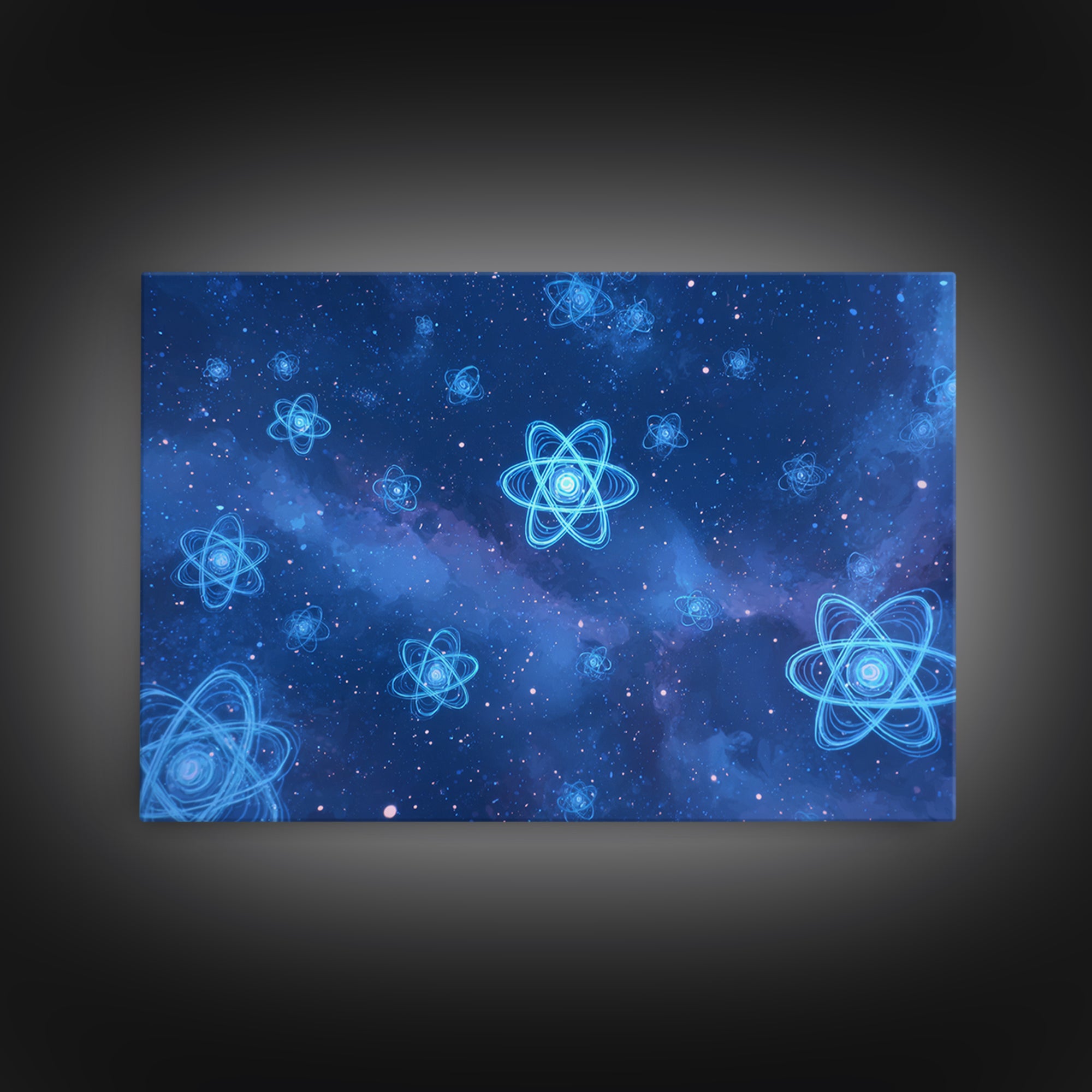Blue Neon Atoms In Starry Nebula Canvas Print, Science Wall Art, Cosmic Retro Art, Modern Digital Art, Space Poster Decor