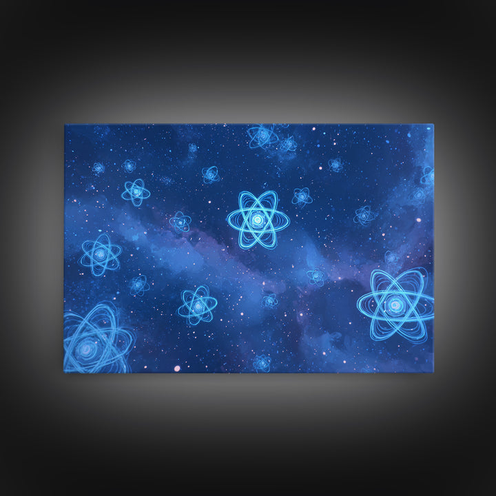 Blue Neon Atoms In Starry Nebula Canvas Print, Science Wall Art, Cosmic Retro Art, Modern Digital Art, Space Poster Decor
