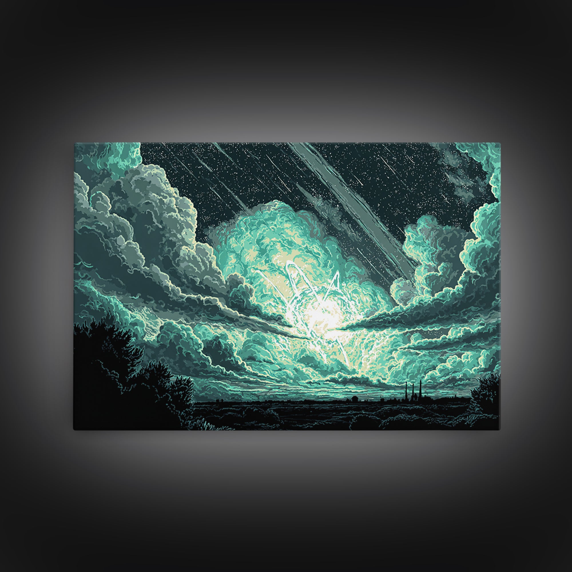 Glowing Meteor Burst In Emerald Clouds Wall Art, Pixel Sci Fi Landscape, Retro Art Poster, Space Abstract Art, Modern Wall Decor