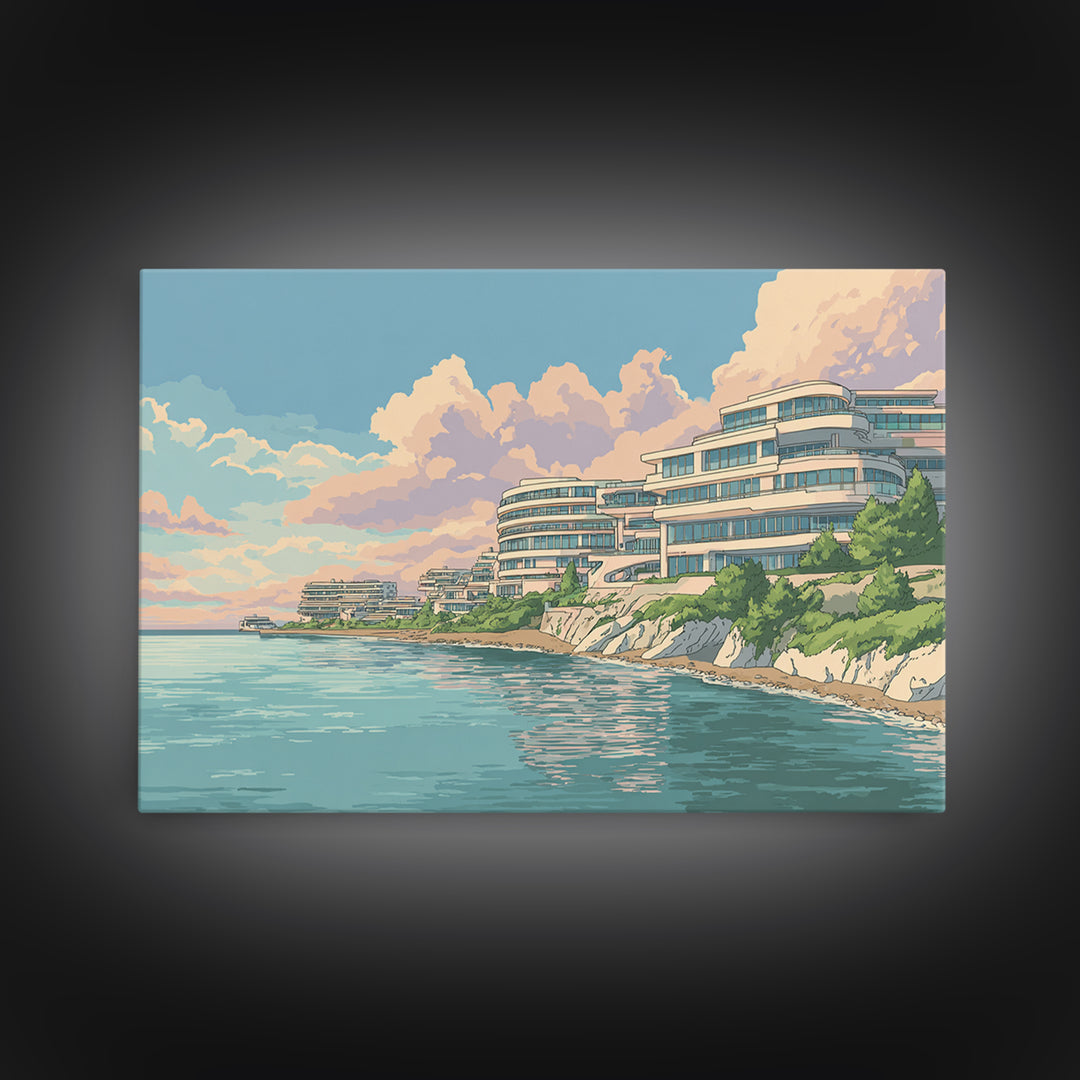 Pastel Coastal Modernist Apartments Canvas Print, Seaside Wall Art, Contemporary Print, Neutral Blue Home Decor, Ocean View Poster