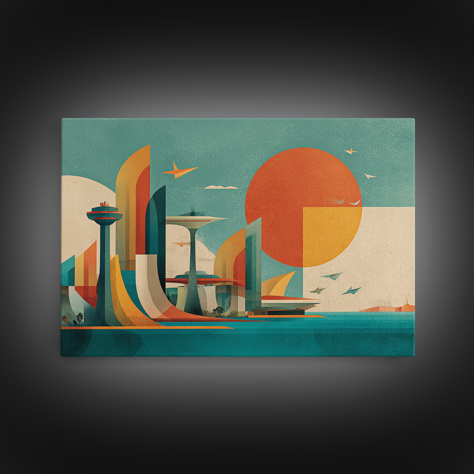 Geometric Futuristic City With Orange Sun Wall Art, Midcentury Modern Art, Atomic Retro Poster, Bauhaus Inspired Home Decor