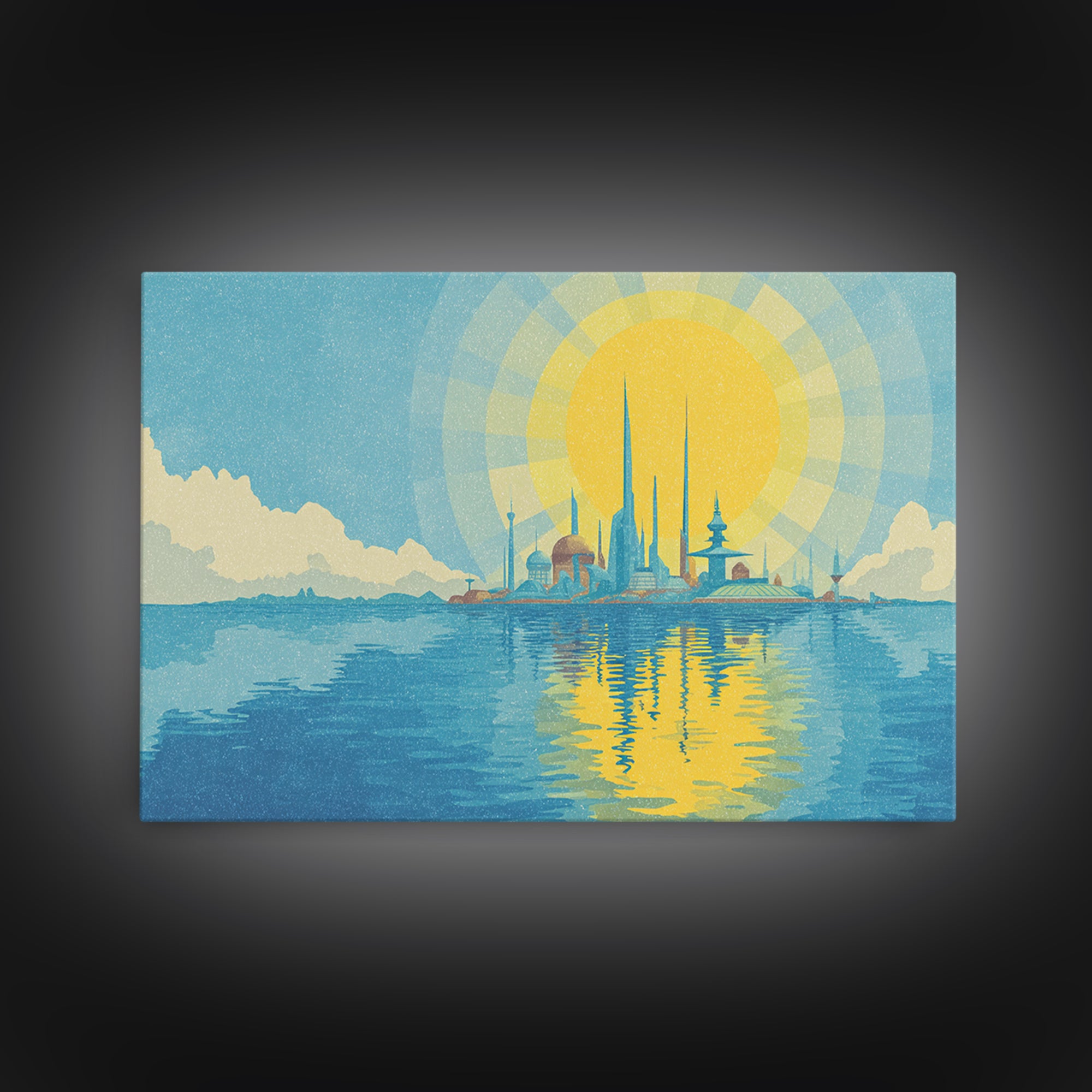 Radiant Sun Over Future Island Skyline Canvas Print, Retro Futuristic Wall Art, Blue Travel Poster, Modern Coastal Decor
