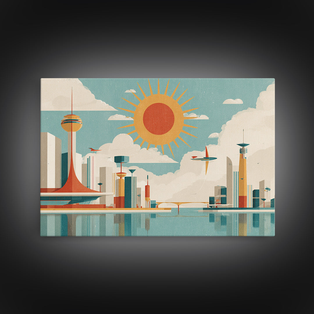 Midcentury Space Age City With Sunburst Wall Art, Atomic Retro Art Print, Geometric Poster, Modern Wall Decor, Mcm Home Decor