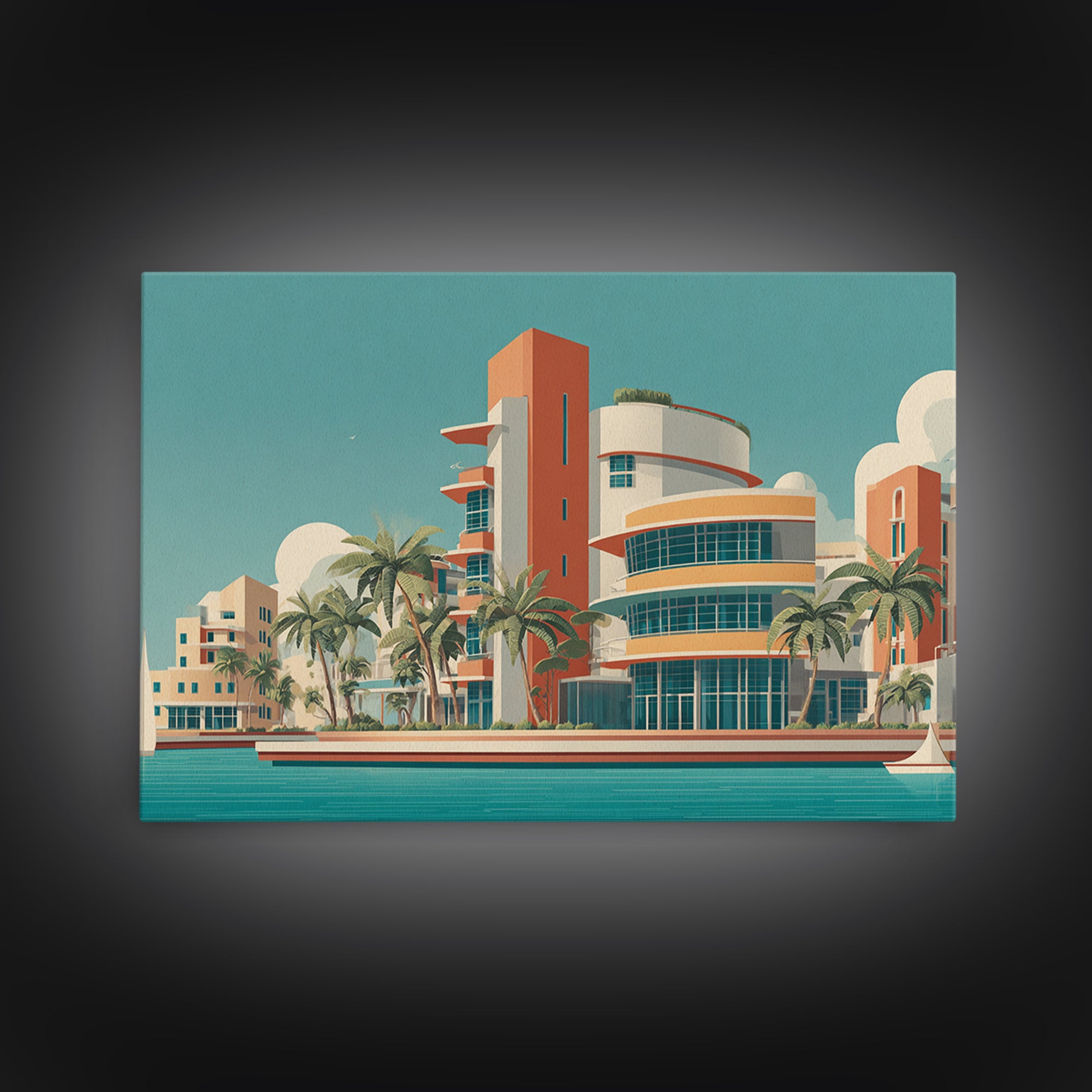 Art Deco Waterfront Hotel With Palm Trees Wall Art, Mid Century Modern Poster, Retro Travel Print, Palm Springs Decor, Home Decor
