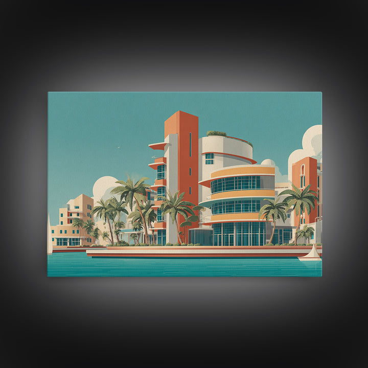 Art Deco Waterfront Hotel With Palm Trees Wall Art, Mid Century Modern Poster, Retro Travel Print, Palm Springs Decor, Home Decor