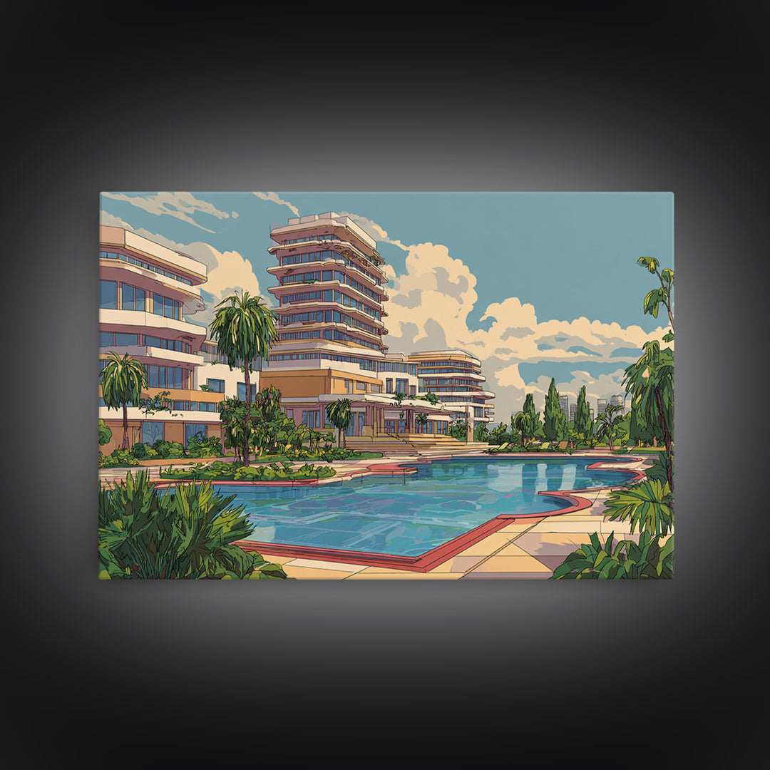 Sunny Resort Pool And Palm Terrace Framed Canvas Print, Mid Century Modern Wall Art, Retro Travel Poster, Office Decor Print
