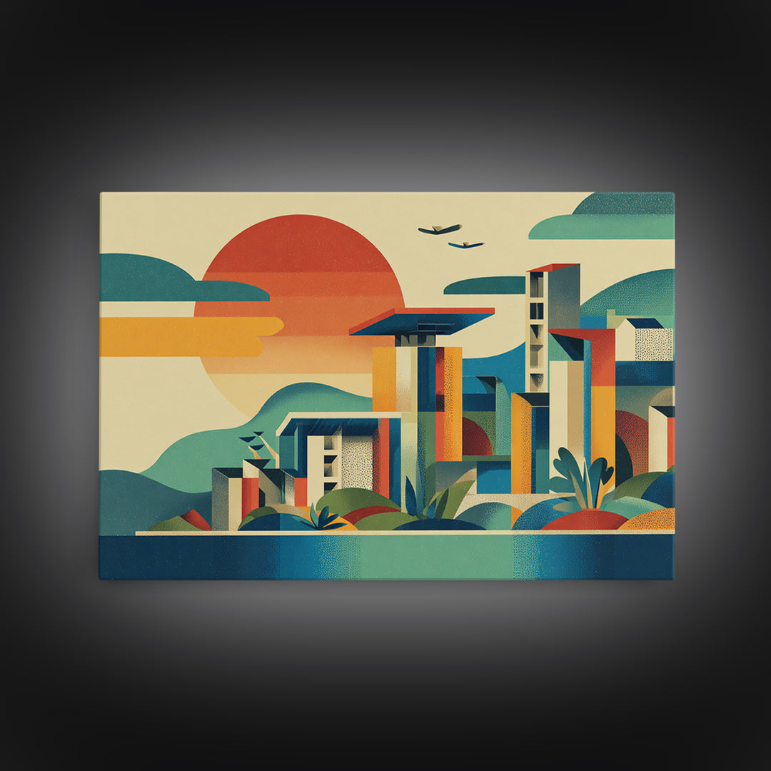 Geometric Coastal City Sunset Canvas Print, Mid Century Modern Wall Art, Bauhaus Poster, Colorful Abstract Home Decor Print