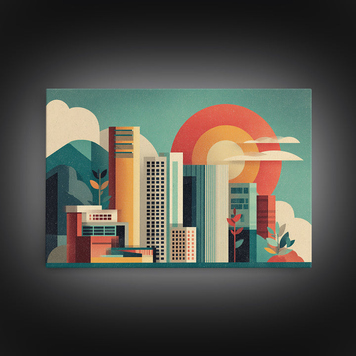 Modern City Skyline With Giant Sun Wall Art, Mid Century Modern Print, Geometric Abstract Poster, Colorful Office Decor Print