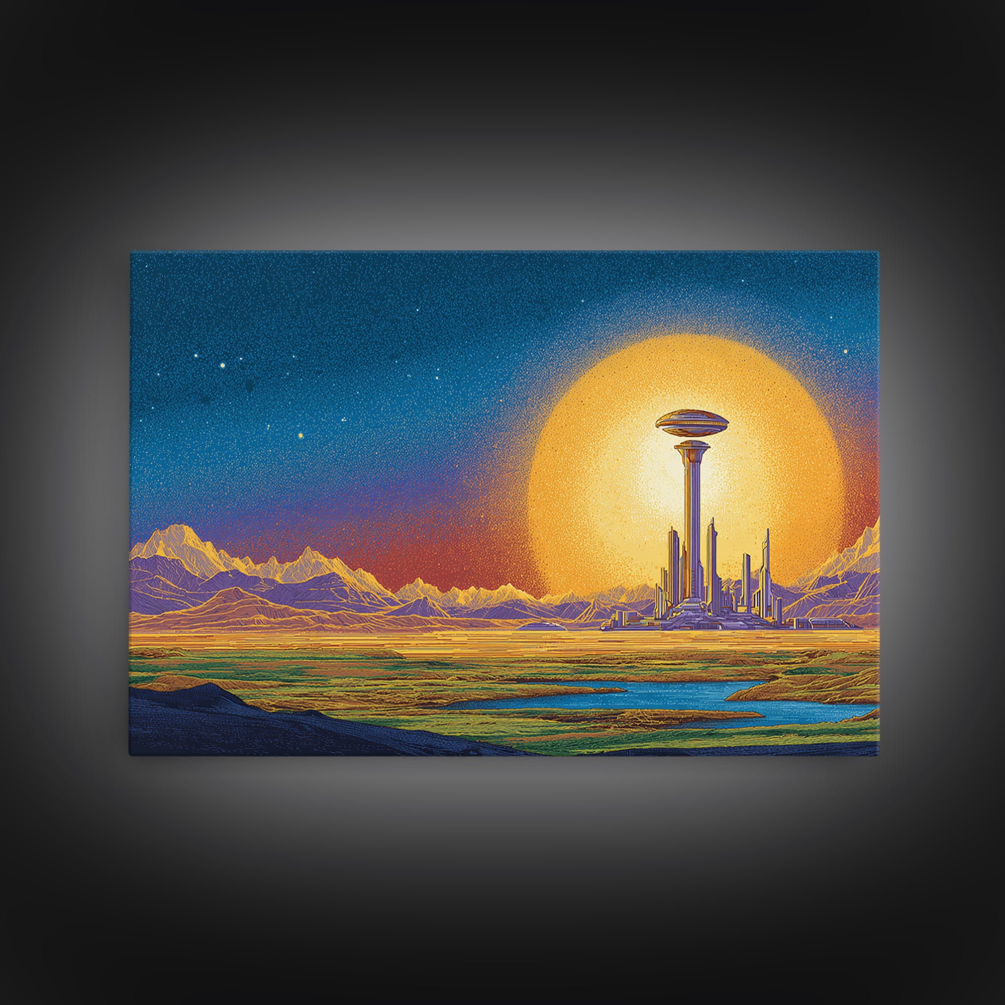Retro Futuristic Space City With Golden Moon Wall Art, Mid Century Modern Poster, Sci Fi Landscape Print, Man Cave Decor