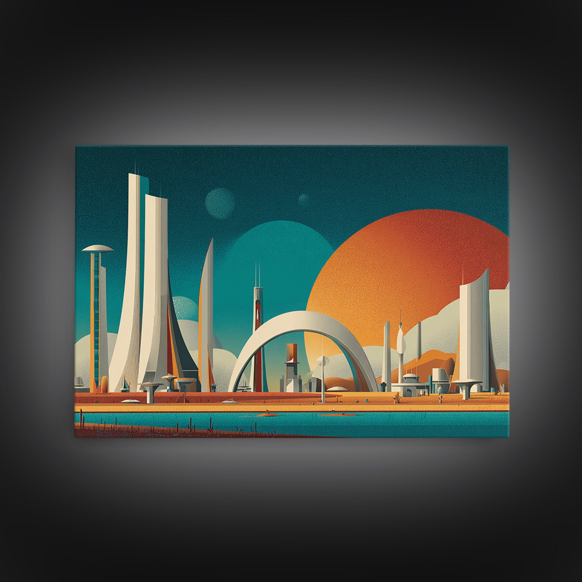 Futurist White Towers And Arched City Canvas Print, Mid Century Modern Wall Art, Retro Sci Fi Poster, Large Wall Decor Print