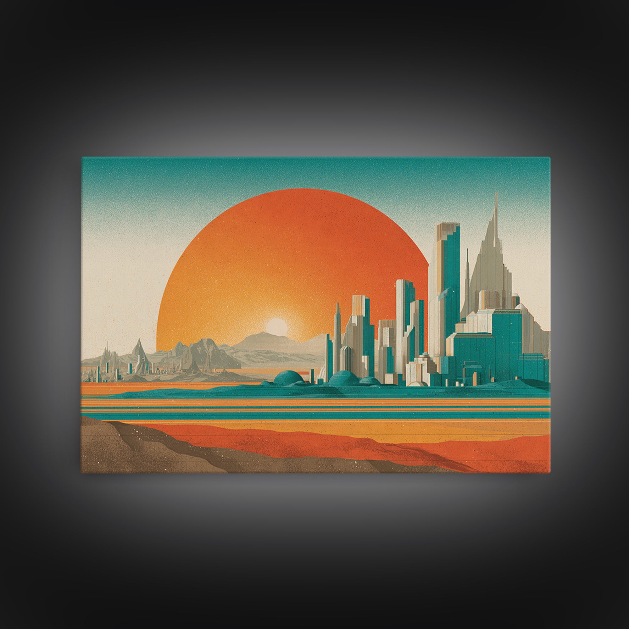 Desert Metropolis With Giant Orange Sun Framed Canvas Print, Mid Century Modern Wall Art, Retro Futuristic Poster, Office Decor