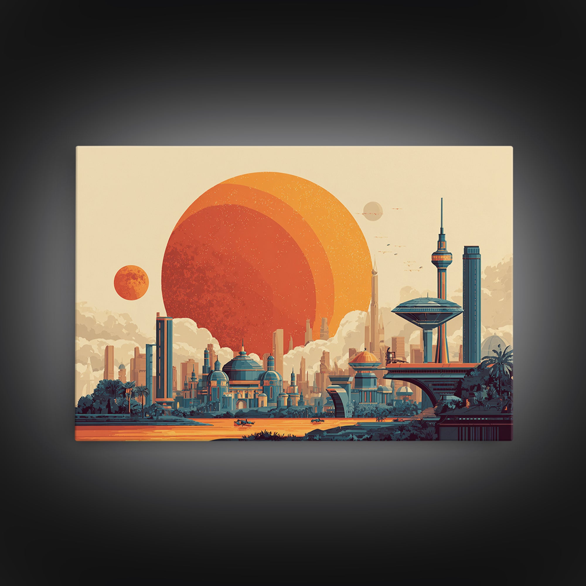 Futuristic Planet Skyline With Domed City Wall Art, Mid Century Modern Poster, Retro Sci Fi Print, Colorful Home Decor Print