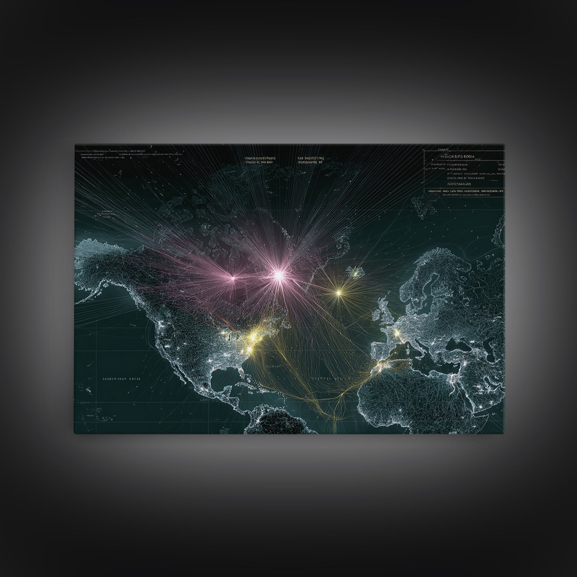 Glowing World Map Network Lights Wall Art, Modern Digital Data Artwork, Global Travel Decor, Sci Fi Space Framed Canvas Print