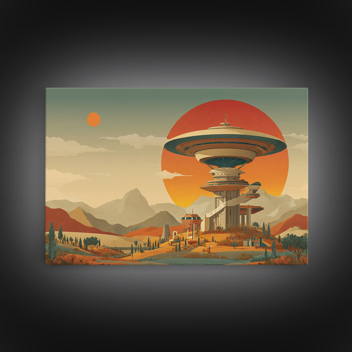 Retro Space Age Saucer Tower In Desert Framed Canvas Print, Mid Century Modern Wall Art, Sci Fi Poster, Statement Decor Print