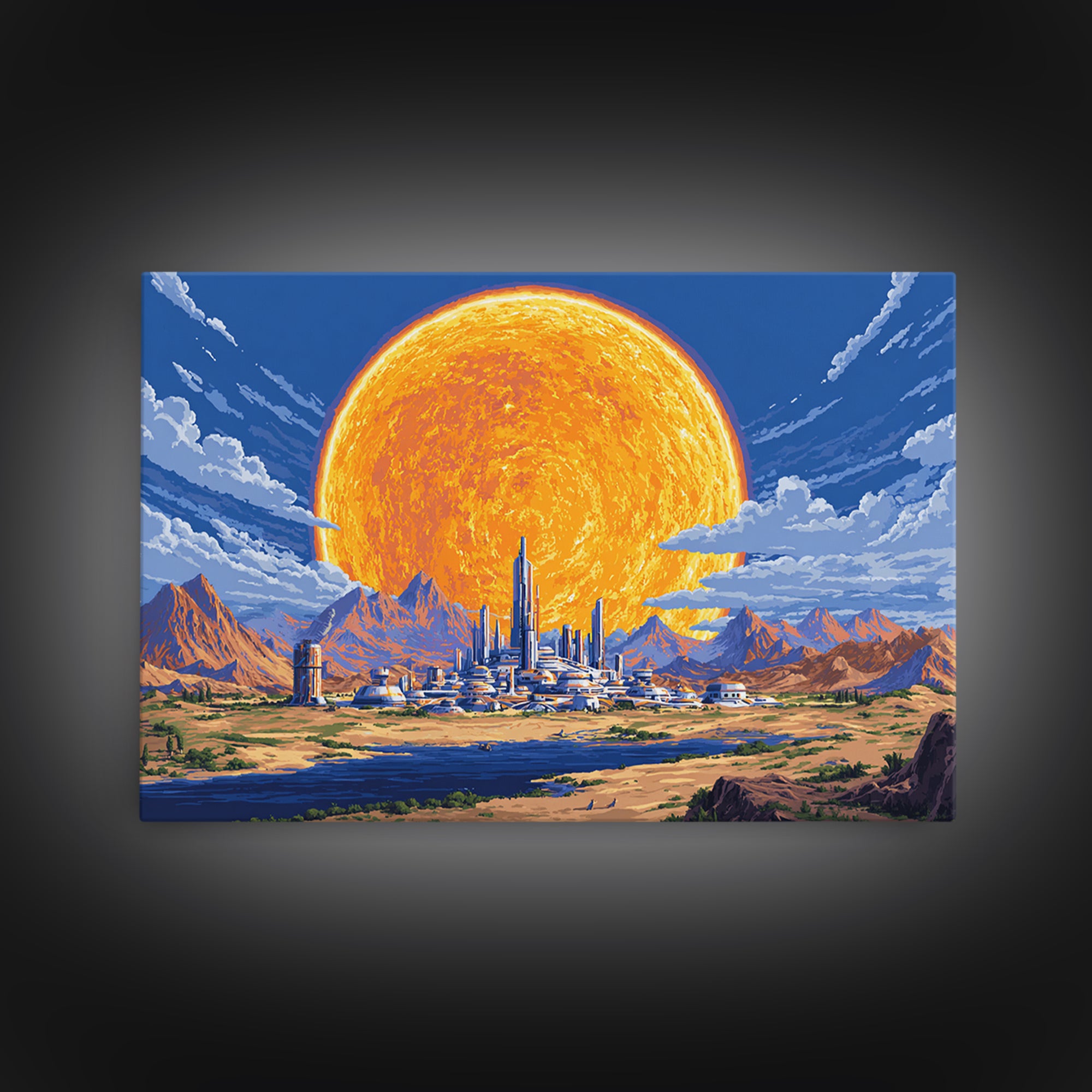Futuristic Desert City With Giant Orange Sun Wall Art, Retro Sci Fi Poster, Midcentury Modern Art, MCM Space Decor, Living Room Decor